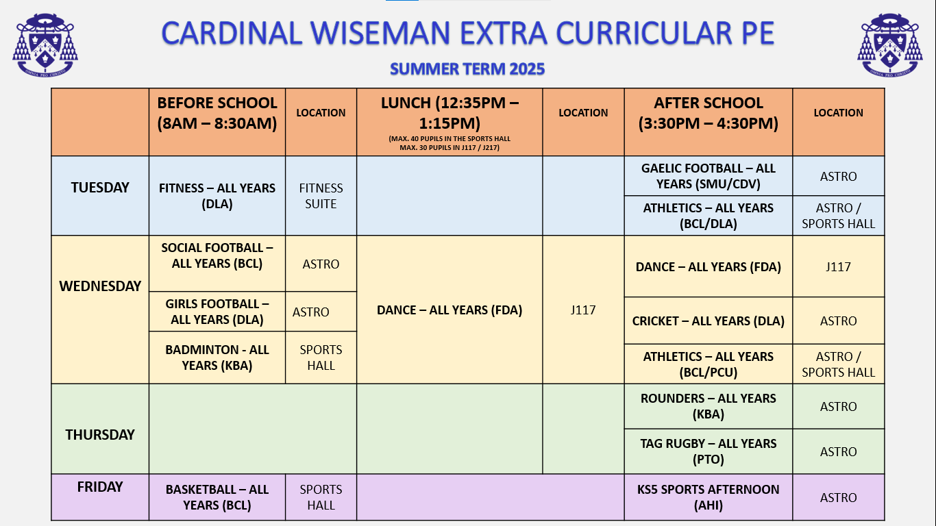 PE Extra Curricular Timetable