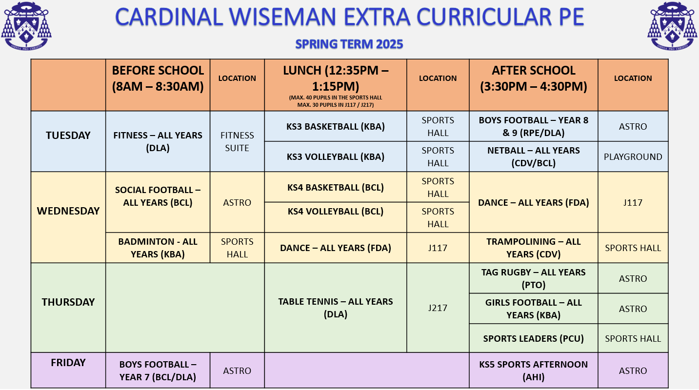 PE Extra Curricular Timetable